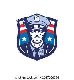 American policeman of police officer security guard with stars and stripes flag set inside shield. Vector illustration.