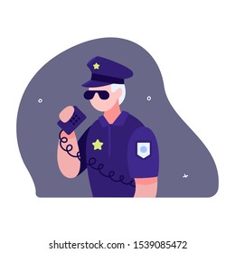 American policeman speaks on walkie-talkie. Police profession concept. Flat style of vector illustration