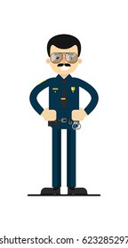 American policeman in uniform vector illustration isolated on white background. Police officer or cop character in flat design.