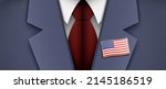 American politician dressed in a blue color official suit, white shirt, red tie, and USA flag lapel pin, vector illustration.