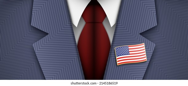 Político americano vestido con traje oficial de color azul, camisa blanca, corbata roja y alfiler de solapa de la bandera de los Estados Unidos, ilustración vectorial.