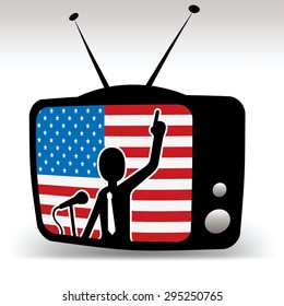 american politician on tv, man speaks on booth with usa flag in background