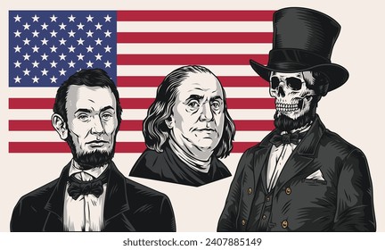 Políticos estadounidenses coloridos conjuntos de etiquetas del pasado con la bandera de Estados Unidos cerca de Benjamin Franklin y Abraham Lincoln como ilustración vectorial