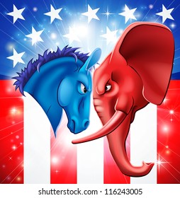 American politics concept illustration of a donkey and elephant facing off. Symbols of Democrat and Republican two US parties. Could be for presidential debate, partisan politics, or just an election
