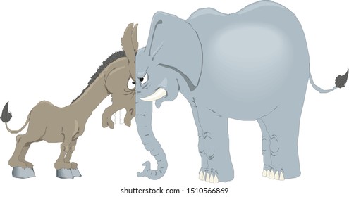 American politics concept vector illustration of a donkey and elephant facing off. Symbols of Democrat and Republican two US parties.