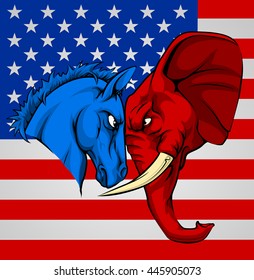 American politics election concept with animal mascots of the democrat and republican political parties. A blue donkey and red elephant staring each other down.