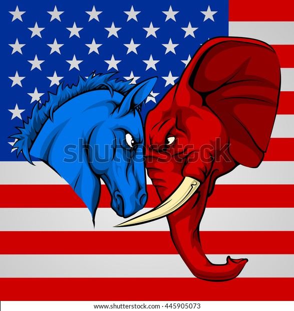 民主党と共和党の政党の動物マスコットを持つ米国の政治選挙のコンセプト 青いロバと赤い象がお互いを見詰め合っていた のベクター画像素材 ロイヤリティフリー