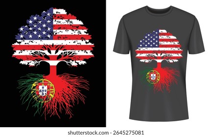 American and Portuguese Heritage Tree Design on Black T Shirt Mockup
