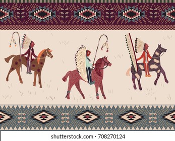 American prairie pattern. Seamless Abstract ethnic pattern with Indians on horseback.