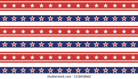 American President Day Abstract Seamless Pattern with Stars colored as USA Flag . Vector Illustration for Celebration Holiday 4 of July Background, White star sparkles lines on Blue and Red Stripes