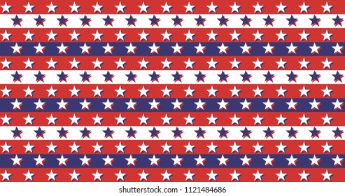 American President Day Abstract Seamless Pattern with Stars colored as USA Flag . Vector Illustration for Celebration Holiday 4 of July Background, White star sparkles lines on Blue and Red Stripes