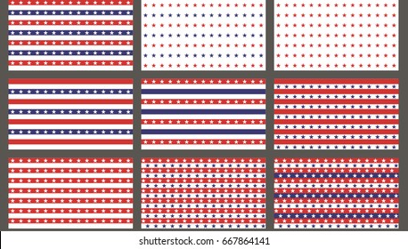 American President Day Abstract Seamless Patterns set with Stars and stripes colored as USA Flag Vector Illustration for Celebration Holiday 4 of July Background, Stars and Stripes patterns collection
