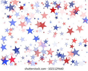 American President Day background with stars.  Holiday confetti in US flag colors for Independence Day. Red blue stars American patriotic background. July 4th stardust elements.