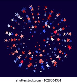 American President Day background of stars flying.  Holiday confetti in US flag colors for Independence Day. Red blue white stars American patriotic backdrop. July 4th stardust elements.