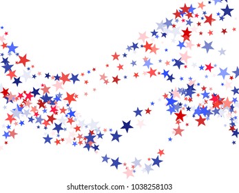 American President Day background with stars.  Holiday confetti in USA flag colors for President Day. Red blue stars American patriotic banner. 4th of July festive stardust.