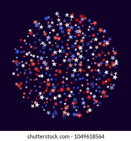 American President Day background with stars.  Holiday confetti in USA flag colors for President Day. Red blue white stars American patriotic graphics. July 4 holiday stardust on dark blue.