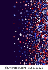 American President Day background with stars.  Holiday confetti in USA flag colors for President Day. Red blue white stars American patriotic graphics. 4th of July cool stardust.