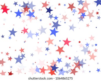 American President Day background of stars flying.  Holiday confetti in USA flag colors for President Day. Red blue stars flying American patriotic background. July 4 stardust elements.