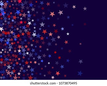 American President Day background with stars.  Holiday confetti in US flag colors for President Day. Red blue stars American patriotic graphics. July 4th stardust elements.