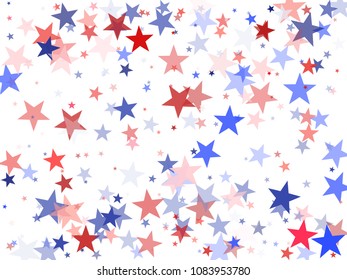 American President Day background with stars.  Holiday confetti in USA flag colors for President Day. Red blue stars flying American patriotic pattern. July 4 stardust elements.