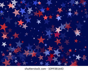 American President Day background of stars flying.  Holiday confetti in USA flag colors for Independence Day. Red blue white stars American patriotic design. 4th of July festive stardust.