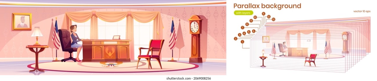American President In Oval Office In White House. Vector Parallax Background For 2d Animation With Cartoon Illustration Of Woman Politician In Government Cabinet With Flag Of USA