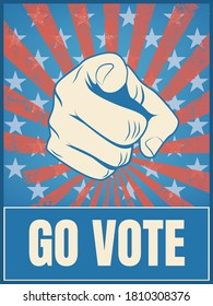 American presidential election 2020 campaign poster template. Hand pointing, go vote message, motivational flyer. Eps10 illustration.