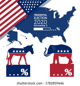 American Presidential election 2020 Infographics. Voting results, democrats vs republicans ratio. Poll loading icon. Party mascots, elephant, donkey, USA map, flag, isolated on white. Vector banner.