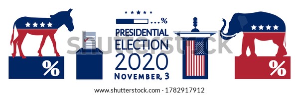 American Presidential election 2020 Infographics.\
Voting results, democrats vs republicans ratio. Poll loading icon,\
party mascots, elephant, donkey, ballot box, USA flag, isolated on\
white. Vector