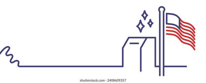 American Presidential Election 2024 with Ballot Box and Waving Flag Illustration. Thick Line Style with Copy Space