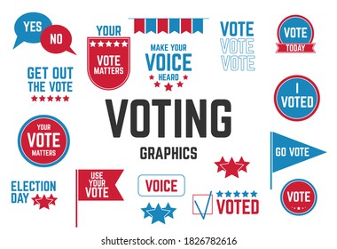 American presidential election badges and vote labels. Badges and signs for presidential elections. Government election badges and labels. Voting season. Vector illustration.