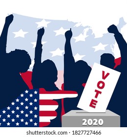 American Presidential election2020. Finger pointing to the letter `vote`. People silhouette, hand upwards, cheerful, success.  Creative illustration for banner/poster/background.