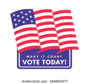 American presidential vote sticker. United states of america national voting day, emblem with flag and text in red blue and white colors, political party and president choice vector illustration