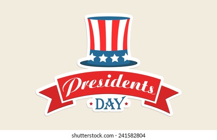 American Presidents Day celebration sticker or label with hat in national flag colors on beige background.