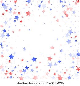 American Presidents Day stars background. Holiday confetti in USA flag colors for Patriot Day. Cool red blue white stars on white American patriotic vector. July 4th stardust confetti.