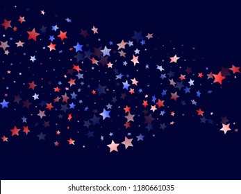 American Presidents Day stars background. Holiday confetti in USA flag colors for Presidents Day.  Festive red blue white stars on dark American patriotic vector. July 4th stardust confetti.