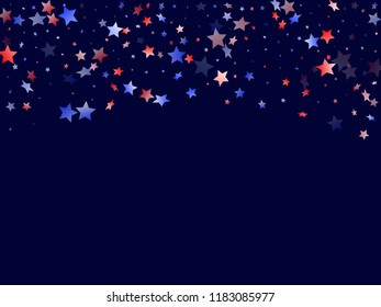 American Presidents Day stars background. Holiday confetti in USA flag colors for Patriot Day. Cool red blue white stars on dark American patriotic vector. 4th of July stardust confetti.