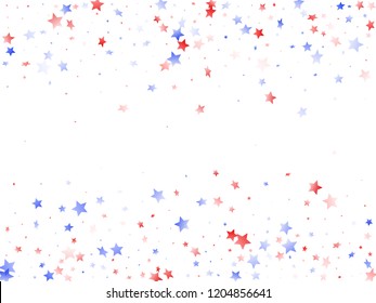 American Presidents Day stars background. Confetti in USA flag colors for Independence Day. Festive red blue white stars on white American patriotic vector. July 4th stardust confetti.