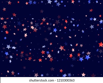 American Presidents Day stars background. Holiday confetti in USA flag colors for Presidents Day.  Gradiental red blue white stars on dark American patriotic vector. Fourth of July stardust scatter.