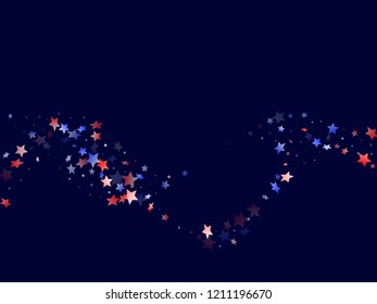 American Presidents Day stars background. Holiday confetti in USA flag colors for Presidents Day.  Festive red blue white stars on dark American patriotic vector. 4th of July stardust confetti.