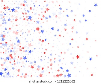 American Presidents Day stars background. Confetti in USA flag colors for Independence Day.  Cool red blue white stars on white American patriotic vector. 4th of July holiday stardust.