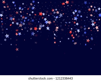 American Presidents Day stars background. Confetti in USA flag colors for Independence Day.  Simple red blue white stars on dark American patriotic vector. Fourth of July stardust scatter.