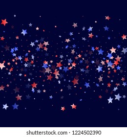 American Presidents Day stars background. Holiday confetti in USA flag colors for Presidents Day.  Festive red blue white stars on dark American patriotic vector. 4th of July stardust scatter.