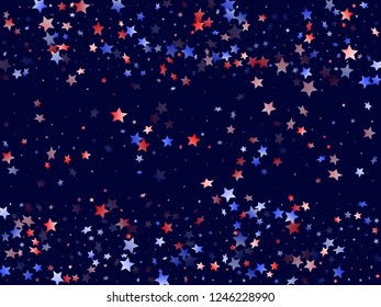 American Presidents Day stars background. Holiday confetti in US flag colors for Patriot Day.  Cool red blue white stars on dark American patriotic vector. July 4th stardust elements.