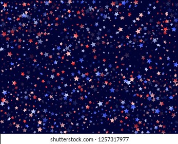 American Presidents Day stars background. Holiday confetti in US flag colors for President Day.  Simple red blue white stars on dark American patriotic vector. 4th of July stardust confetti.