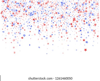 American Presidents Day stars background. Confetti in USA flag colors for Independence Day.  Vivid red blue white stars on white American patriotic vector. July 4th stardust elements.