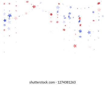 American Presidents Day stars background. Confetti in US flag colors for Independence Day.  Cool red blue white stars on white American patriotic vector. July 4th holiday stardust.