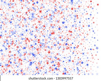 American Presidents Day stars background. Confetti in USA flag colors for Independence Day.  Navy red blue white stars on white American patriotic vector. July 4th stardust elements.