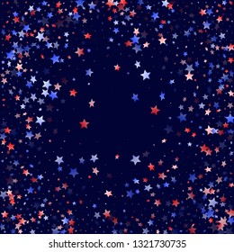 American Presidents Day stars background. Holiday confetti in US flag colors for Patriot Day. Stylish red blue white stars on dark American patriotic vector. Fourth of July stardust scatter.