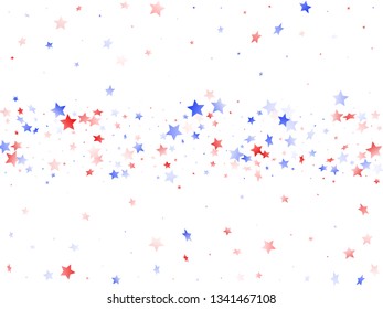 American Presidents Day stars background. Confetti in USA flag colors for Independence Day.  Poster red blue white stars on white American patriotic vector. July 4th stardust confetti.